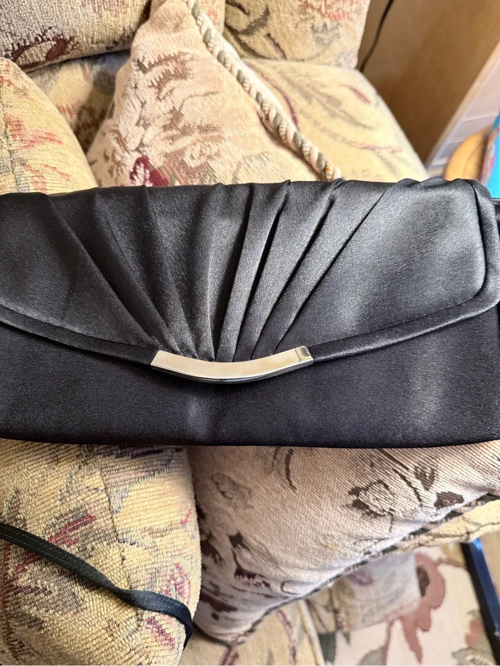 Bijoux Terner Black Satin Clutch with Silver Accent